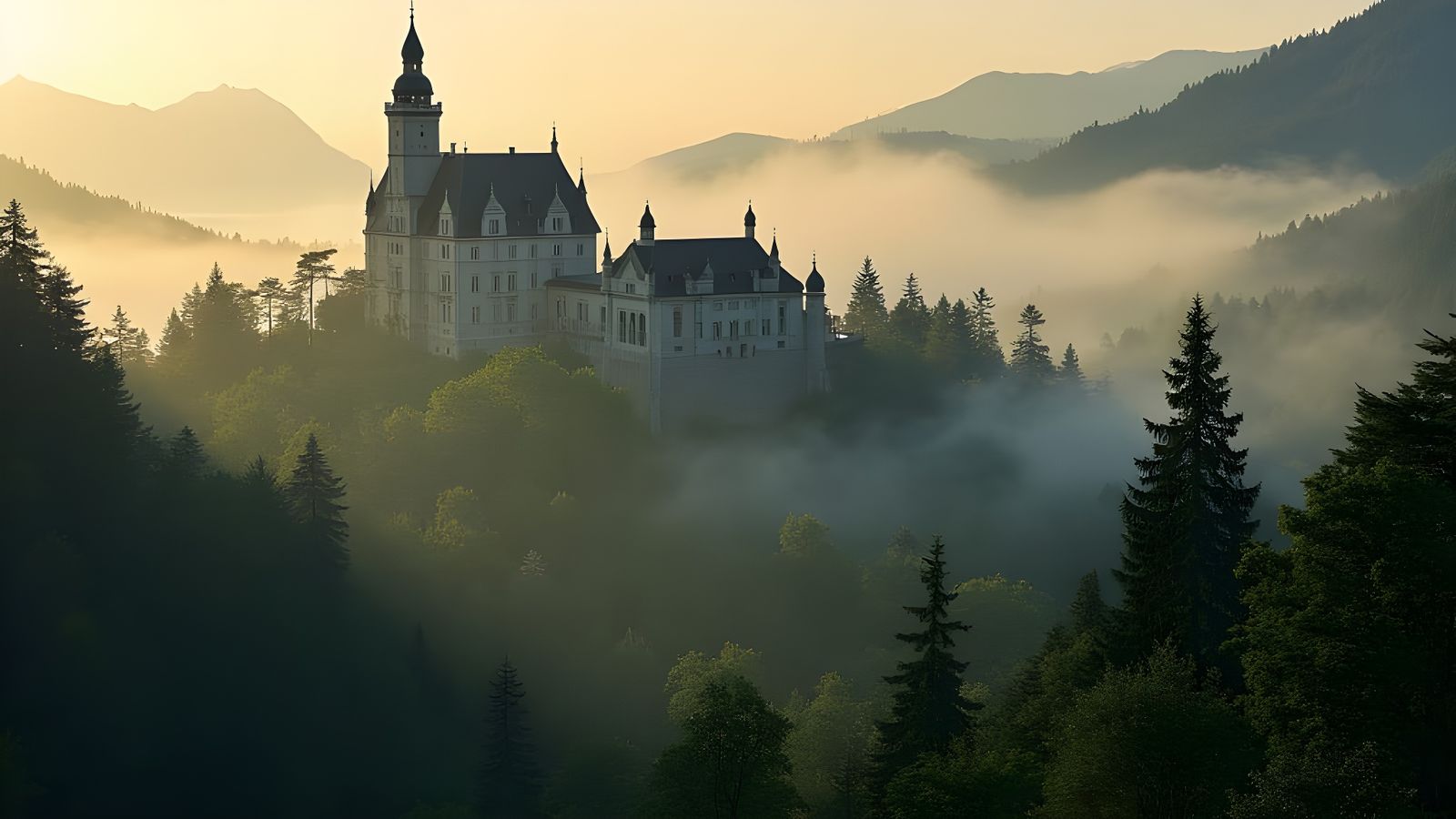 Majestic Palace Surrounded by Green Pine Forest