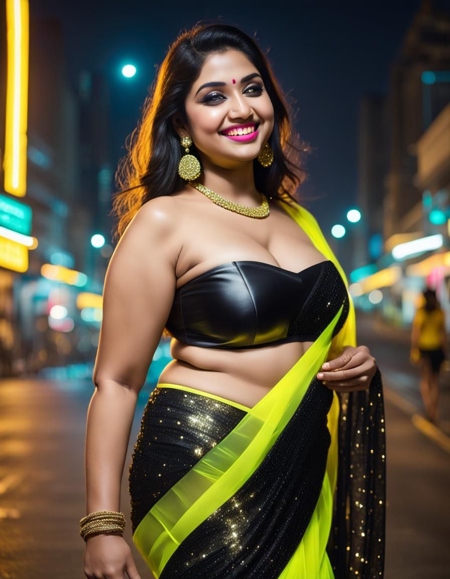 Curvy Woman in Neon Cityscape with Glitter Saree