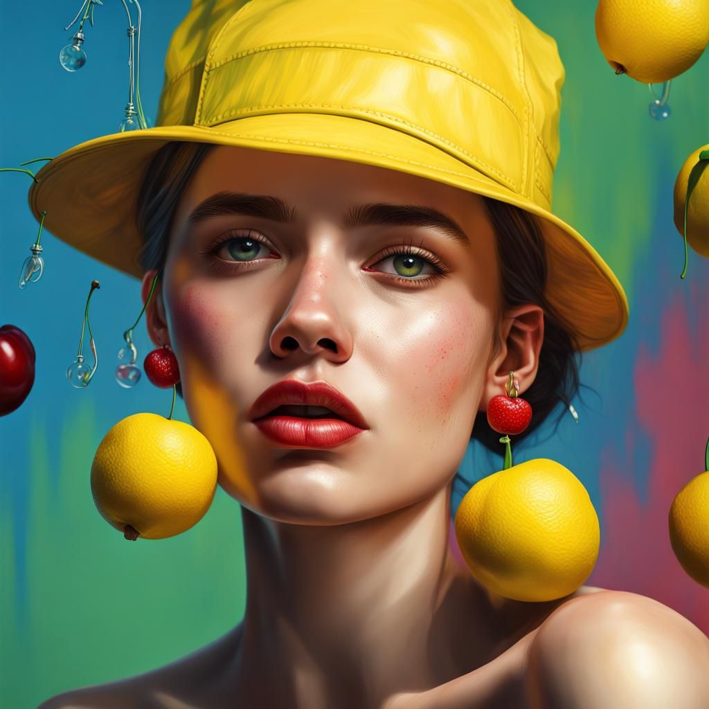 Hyperrealistic Girl with Lemon Hat and Cherry Earrings