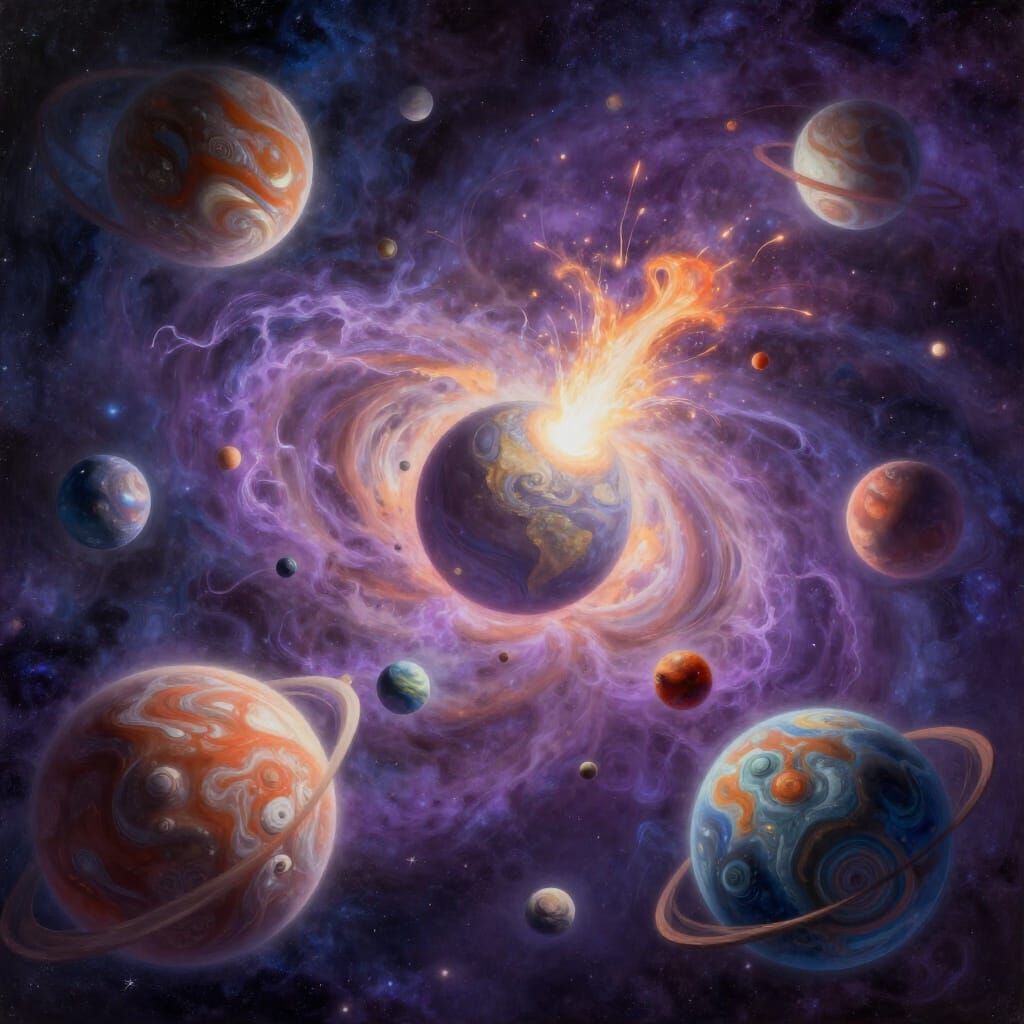 Ethereal Purple Planet Amidst Cosmic Explosions