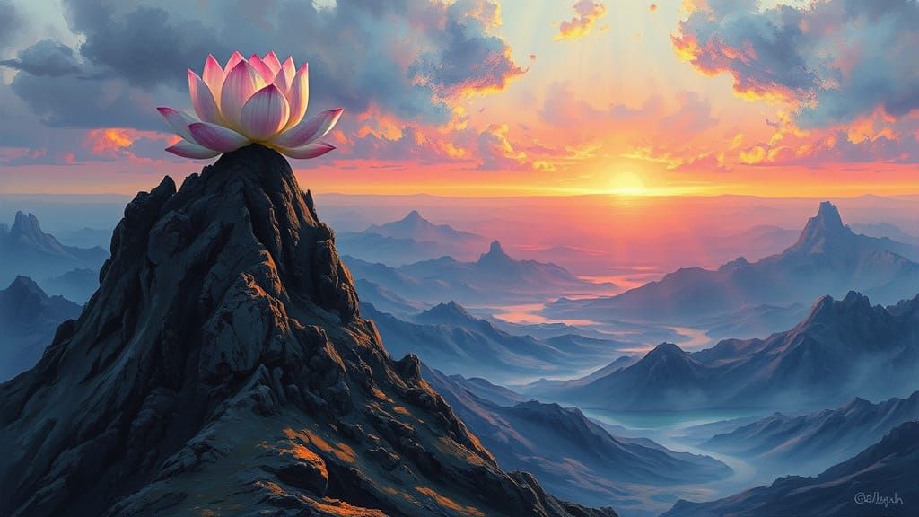 Surreal Lotus Blooms atop a Desolate Mountain Peak in Dark F...