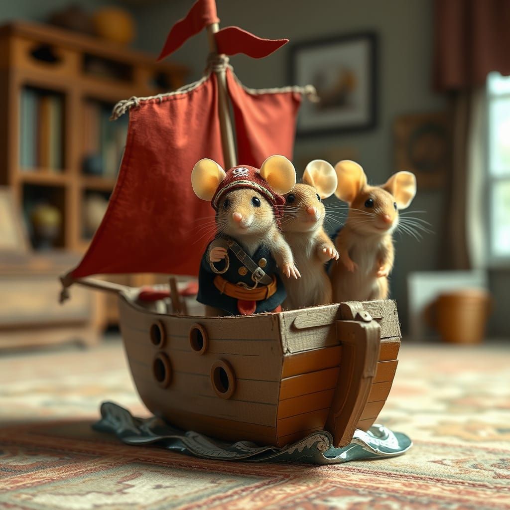 Surreal Scene of Mice Pirates in Miniature Ship