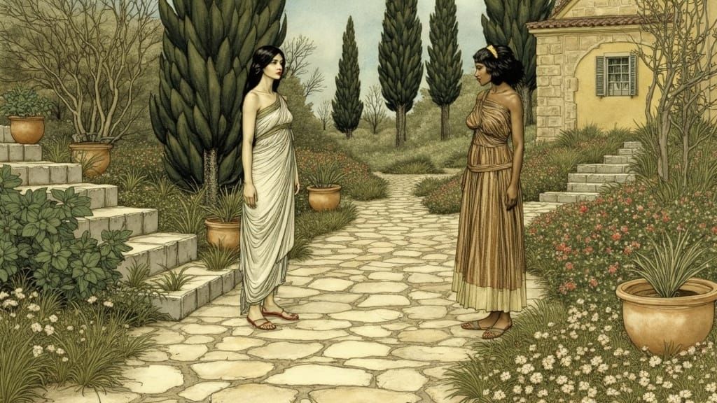 Greek Women in Mediterranean Garden, Watercolor Art