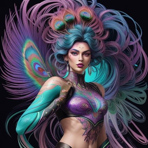 Colorful Comic Book Woman with Peacock Feather Hair
