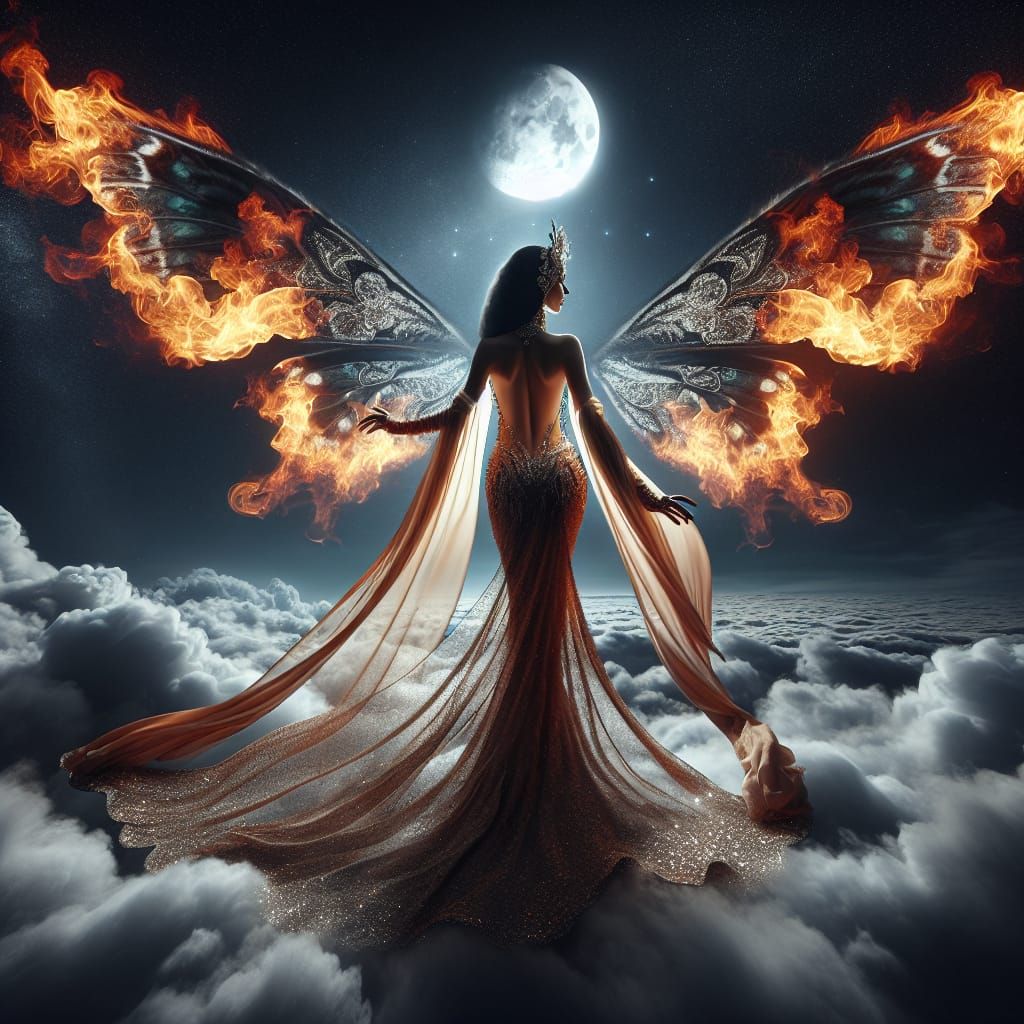 Ethereal Woman with Flaming Butterfly Wings