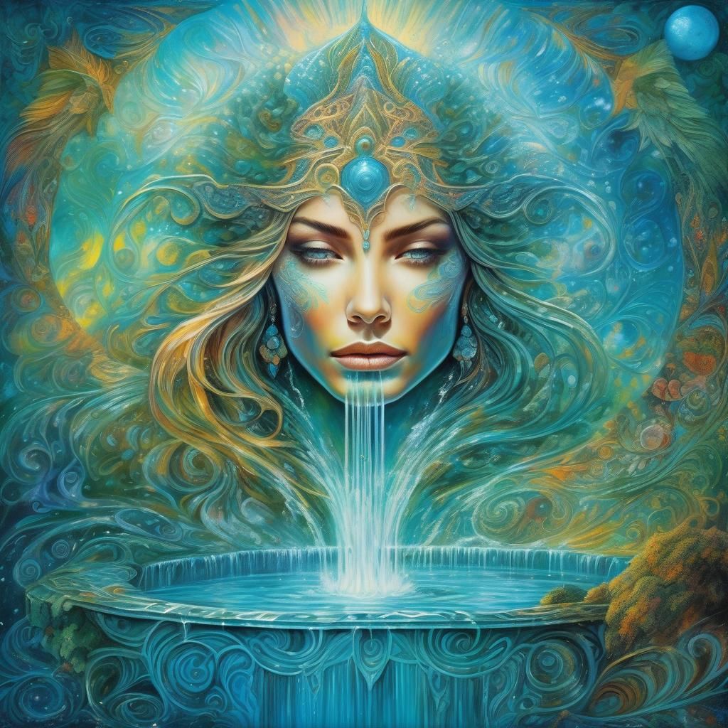 Elven Fountain with Cosmic Patterns in Folk Art Style