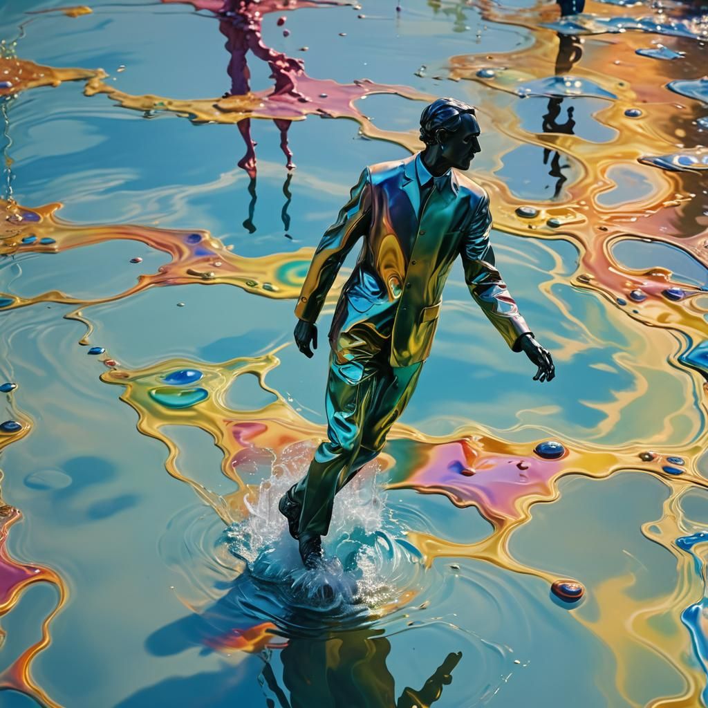 Surreal Iridescent Oil Spill Humanoid on Water