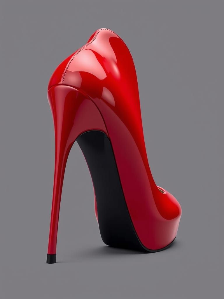 A strikingly elegant high-heeled shoe showcases a glossy, vivid red finish, exuding a sense of bold sophistication. The ...