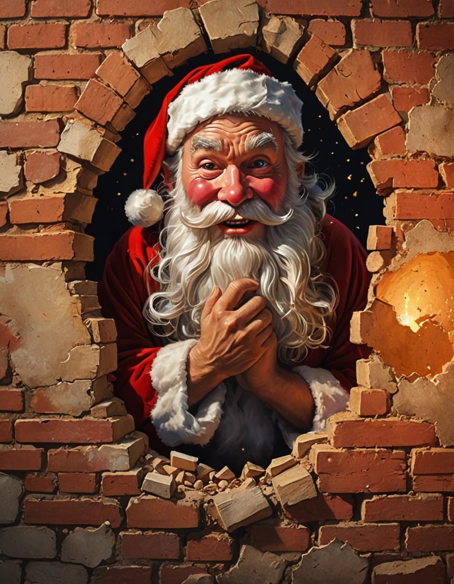 Santa Claus Breaks Through Wall in Digital Art