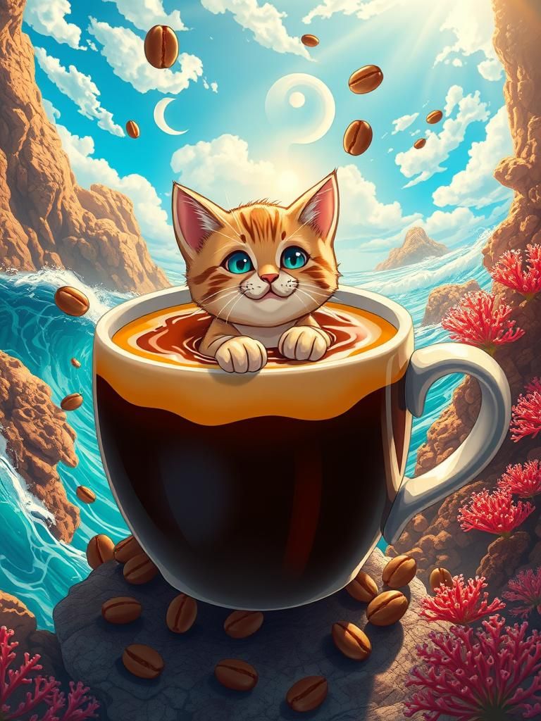Chibi Cat's Coffee Swim: A Hyperdetailed Seascape