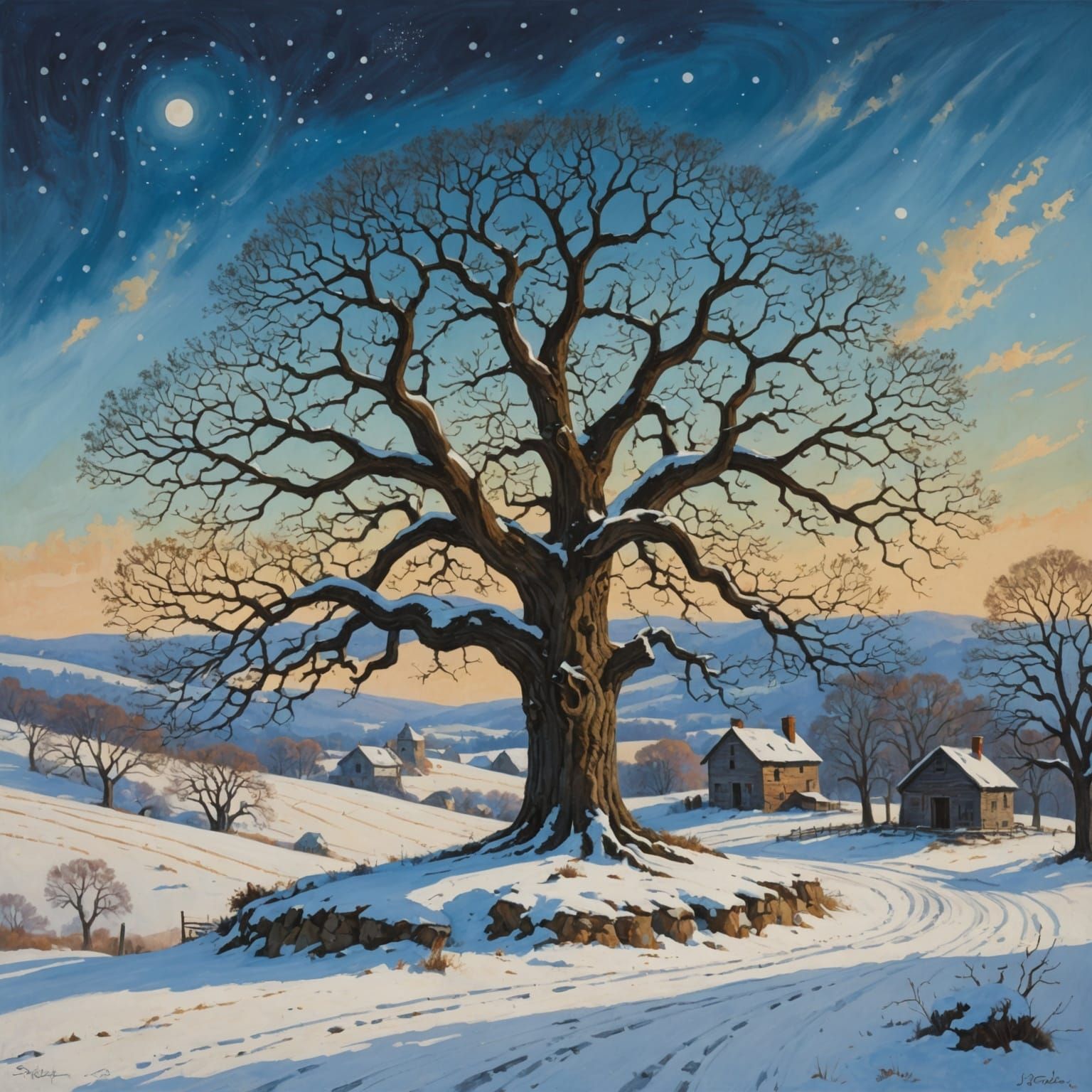 Oak Tree in Snowy Landscape, Detailed Acrylic Painting
