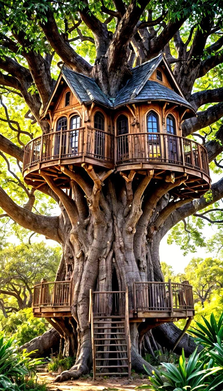 Gothic Victorian Treehouse Amidst a Solitary Baobab