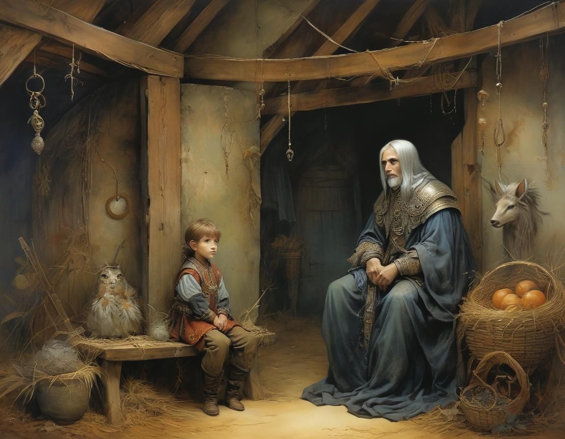 Prince and Beggar in Barn: Surrealist Illustration