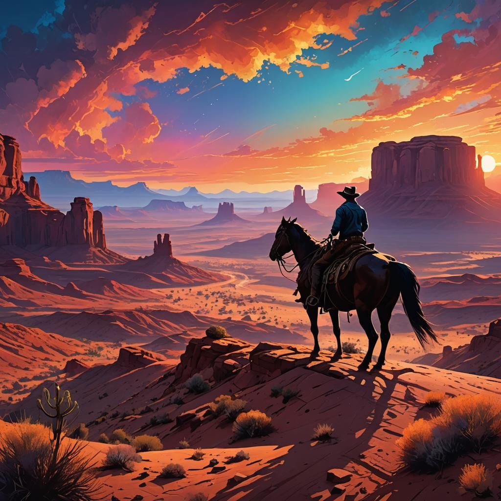 Cowboy Silhouette at Desert Sunset Digital Illustration