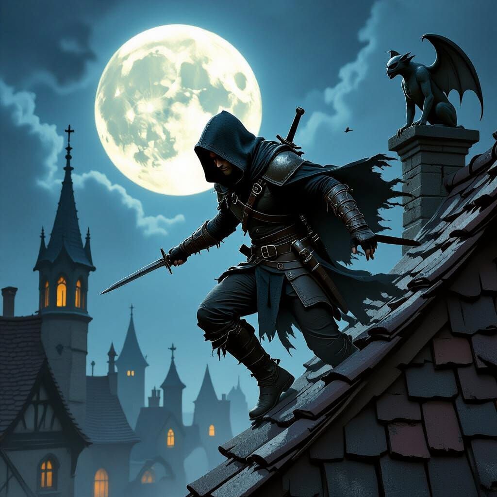 Rogue Leaps Across Medieval Rooftops in Noir Style