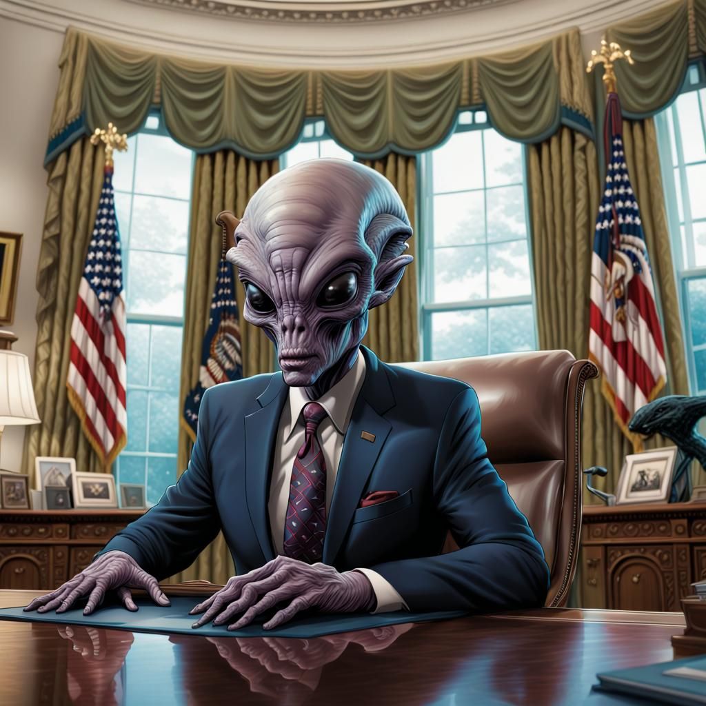 An alien sitting at the United States presidential desk in the Oval Office. Surrounded by alien staff. Hyperrealistic, s...