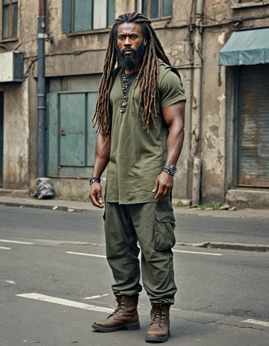 Photorealistic African Man in Military Attire on City Street