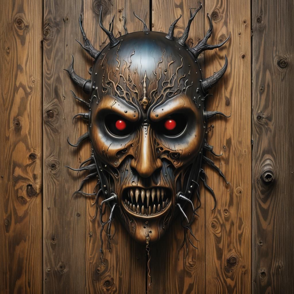Unsettling Mask on Wooden Wall: Dark Surrealism
