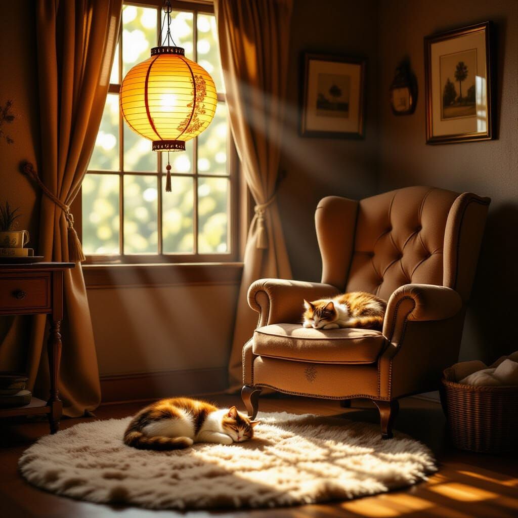 Cozy Room with Sleeping Cat in Rockwell Style