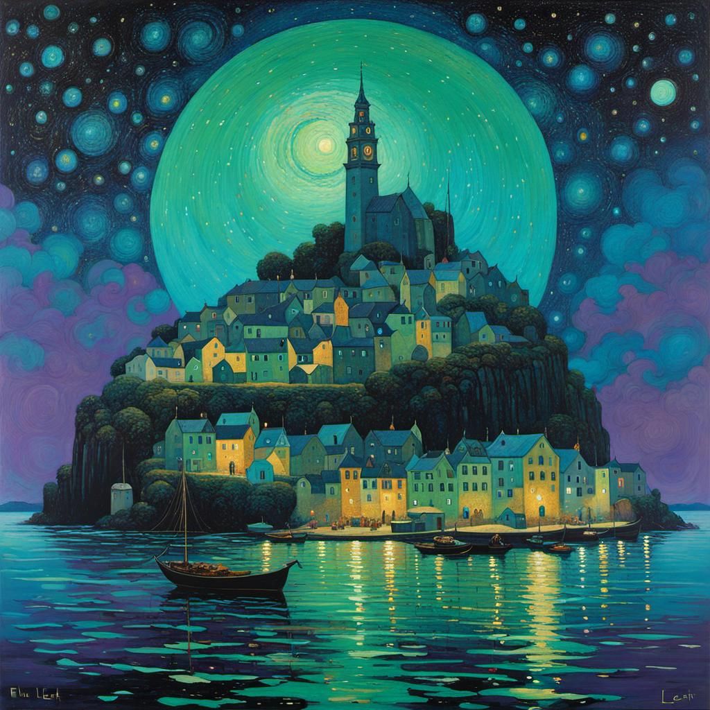 Medieval Port Town Under Starry Sky, Klimt-Lehr Style