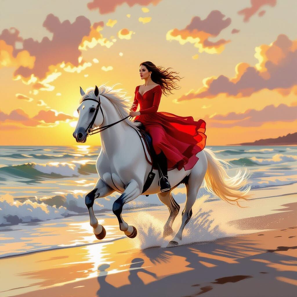 Horseback Gallop at Golden Hour Ocean Shoreline