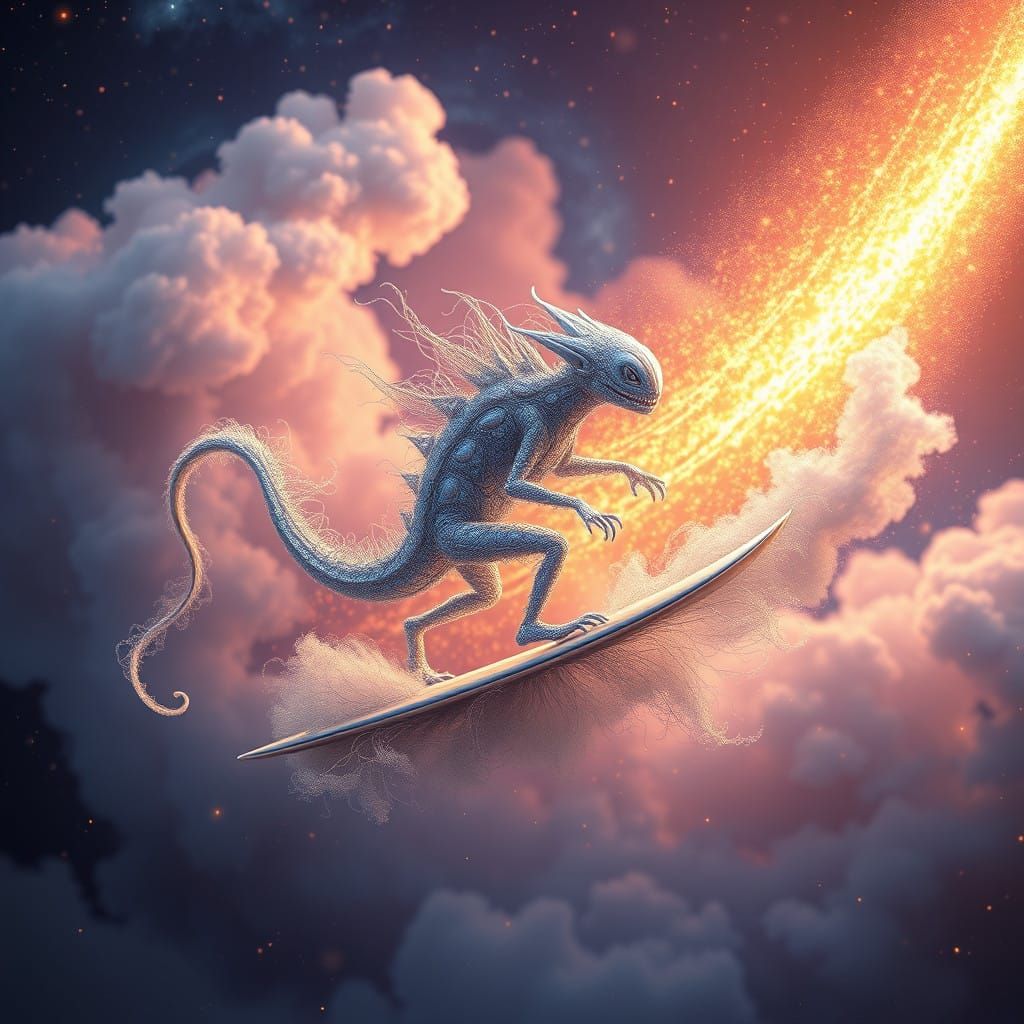 Celestial Serpent Kawaii Kaiju Surfer in Radiant Cosmic Glow