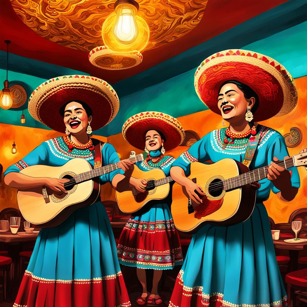 Mexican Singers in Restaurant: Vibrant Digital Art