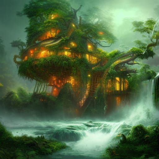 Lush Jungle Treehouse in Rain with Lightning