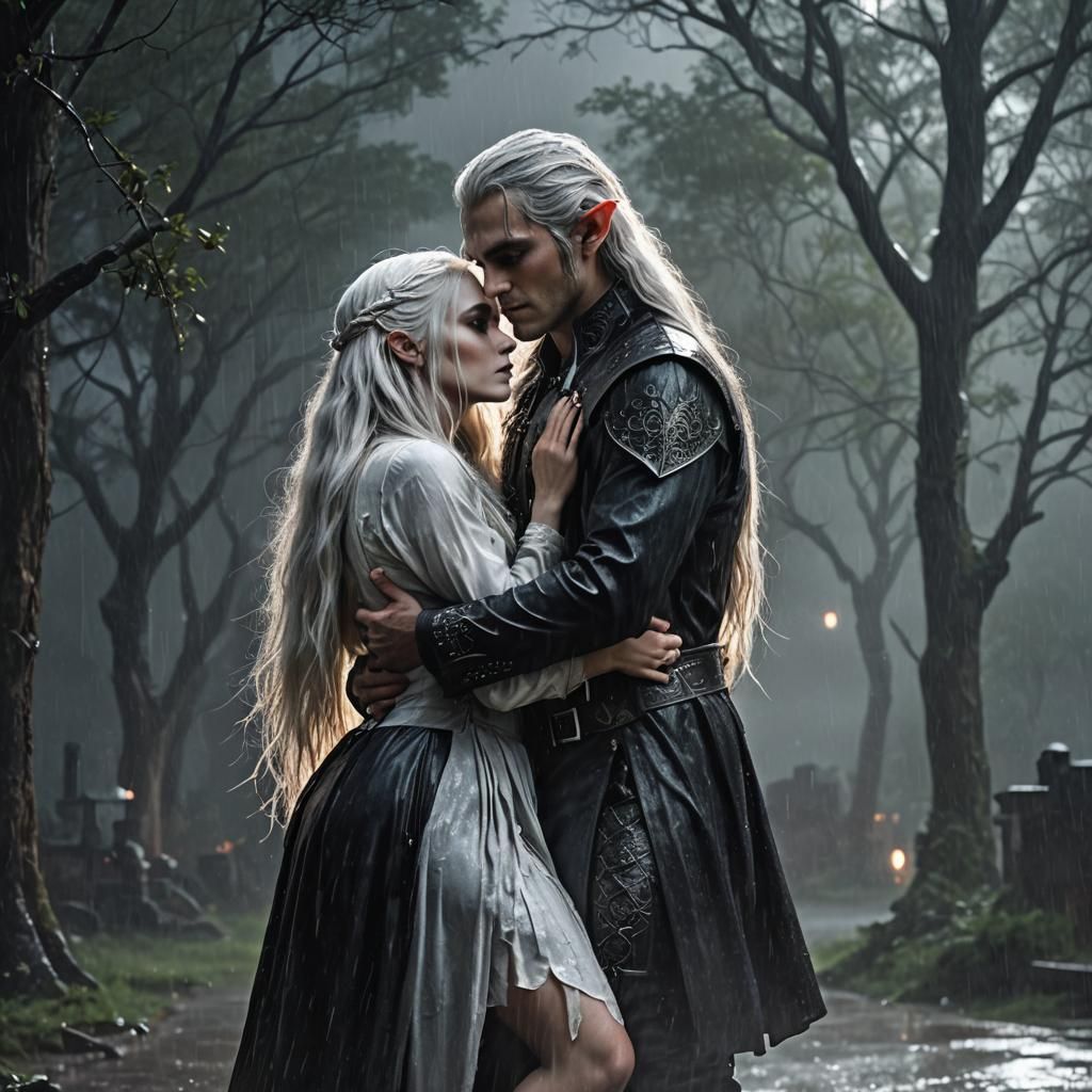 Gothic Elf Cuddling Woman in Rainy Dark Fantasy