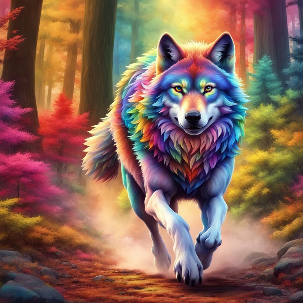 32hd,3d wapowave artistic colorful  fantastic wolf running in the wood rainbow colored trees
