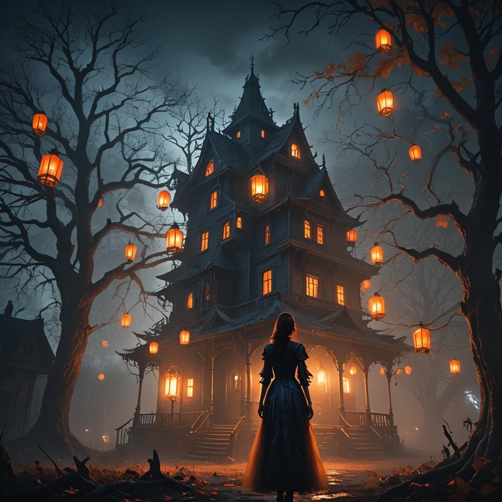 Girl Before Haunted House in Dark Fantasy Art