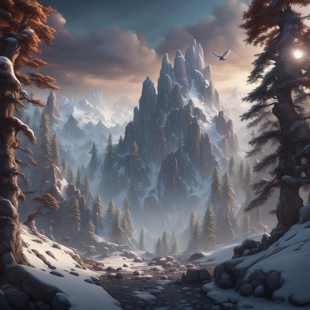 Mountain Avalanche Scene with Flying Owls