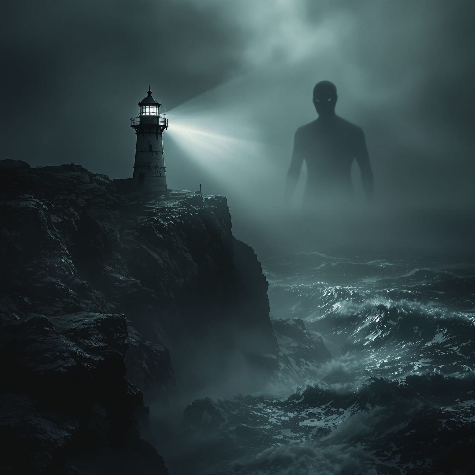 Mysterious Lighthouse in Fog, Noir Photorealistic Style