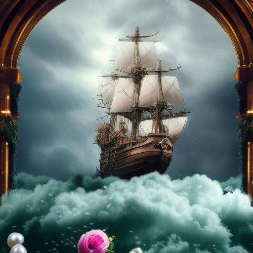 Stormy Seas in Glass with Sailing Ships