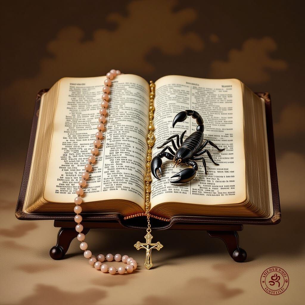 Golden Bible with Rosary Illustration in Sepia Tones