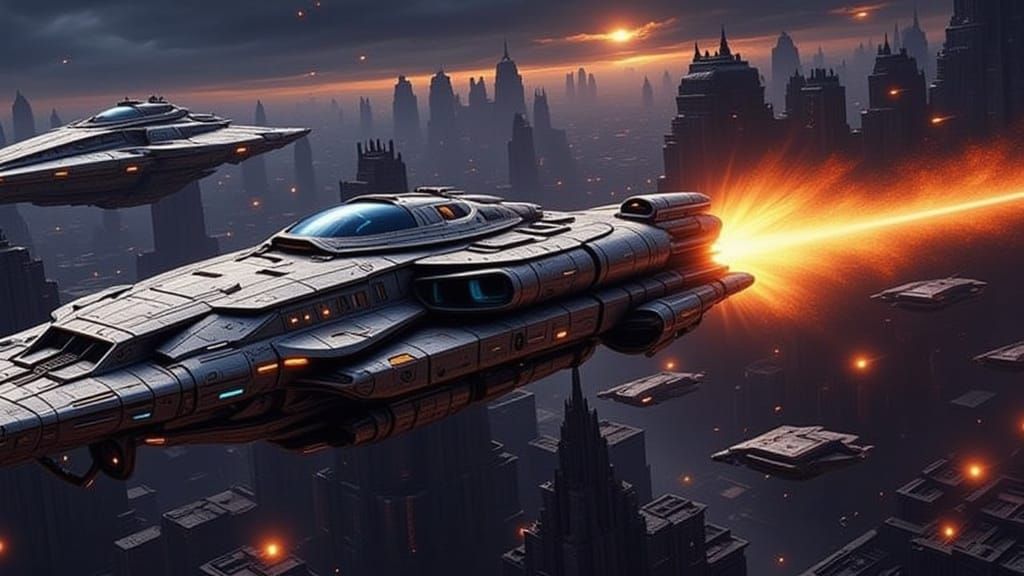 Sci-Fi Ships Battle with Blasters in Space