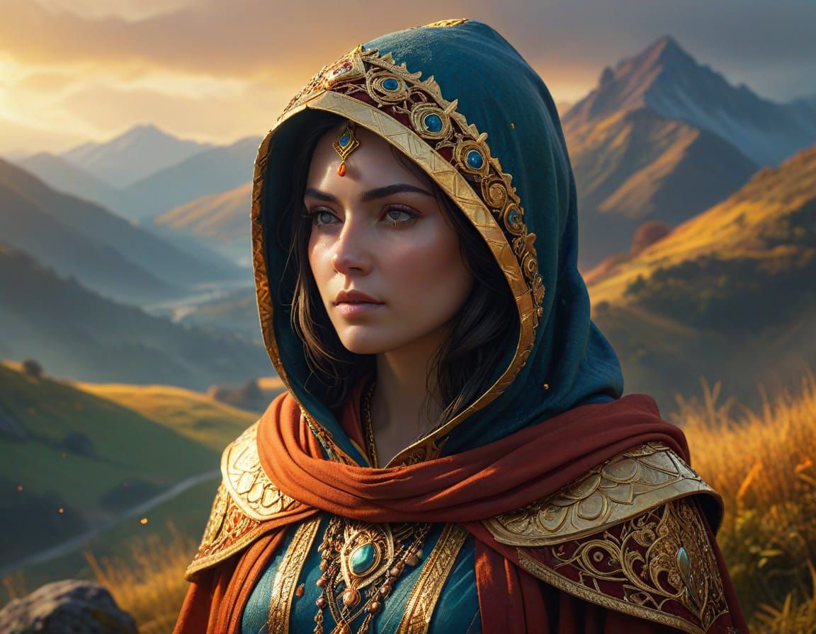 Regal Priestess in Golden Light: Hyperrealistic Concept Art