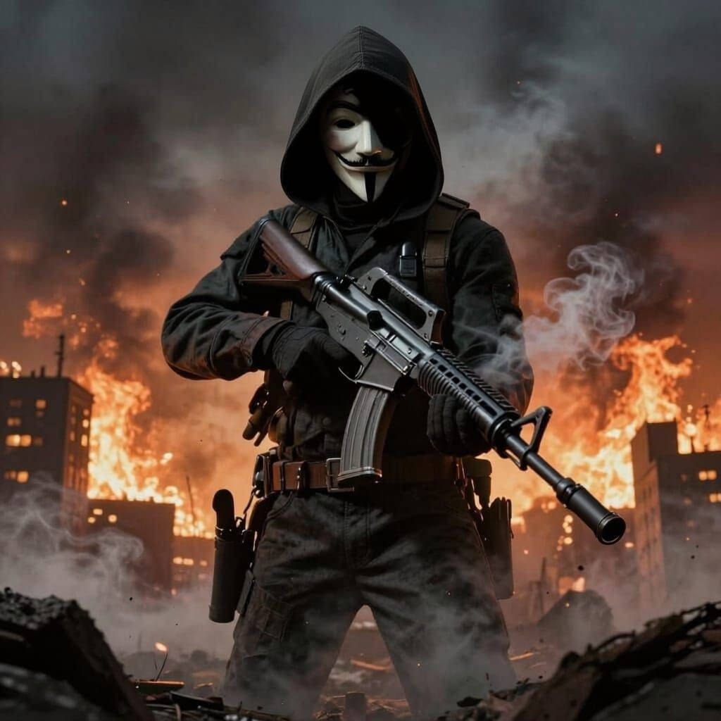 Guy Fawkes in Smoke with Burning City