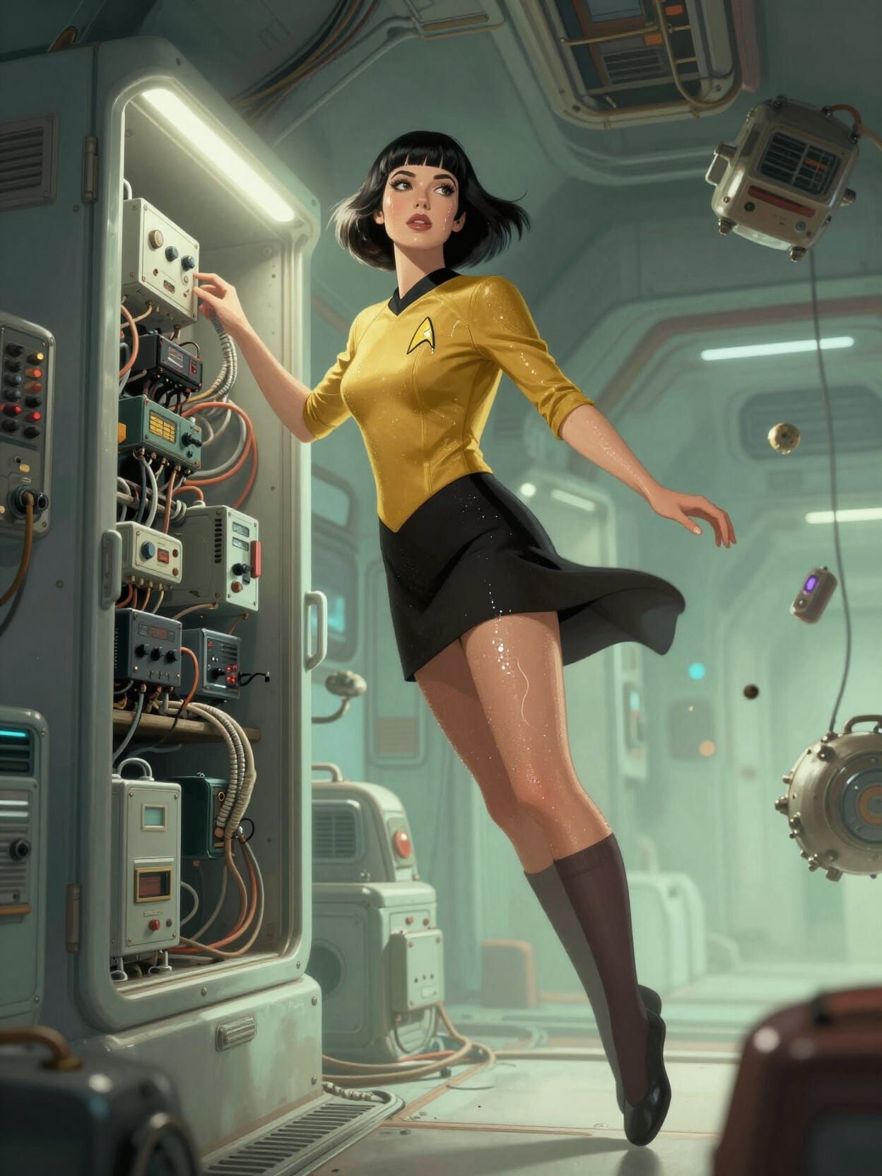 Retro Futuristic Woman in Zero-Gravity Engine Room