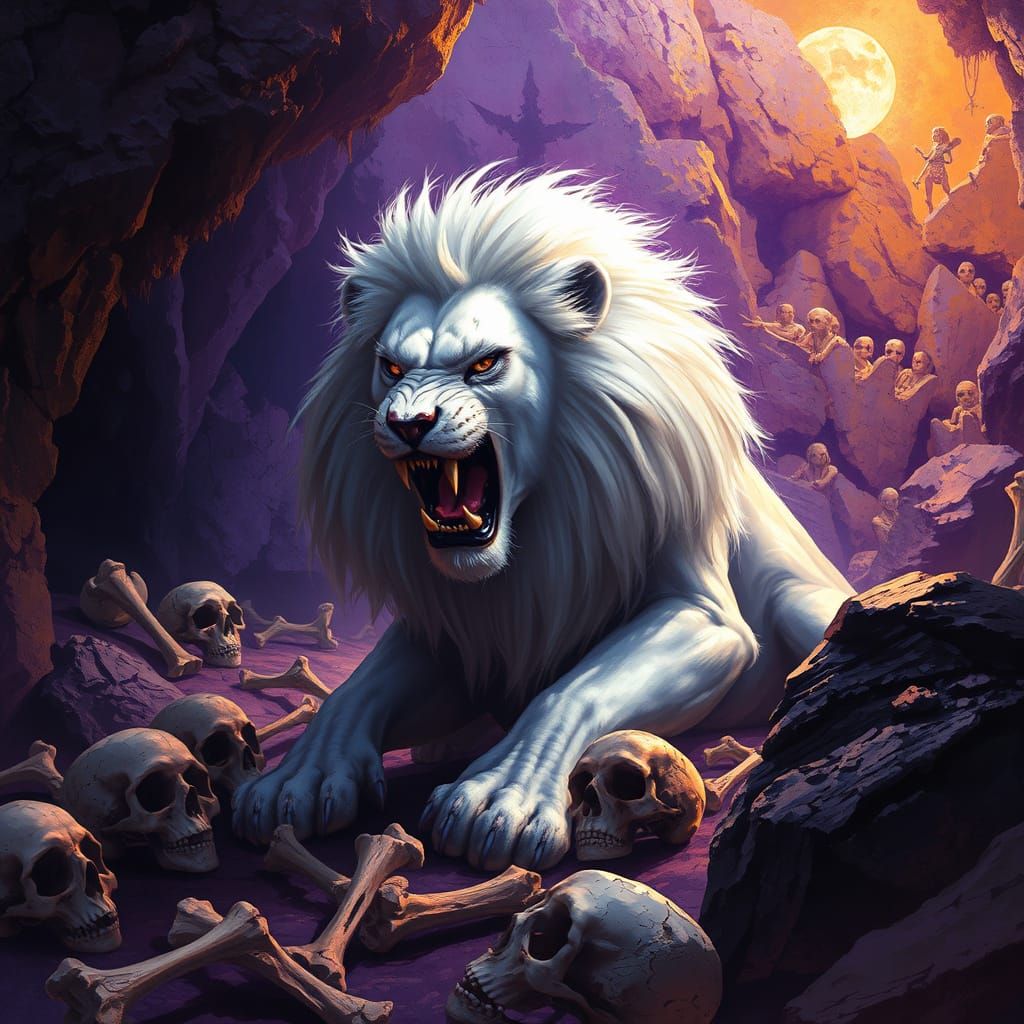 Regal Lion in Dark Fantasy Landscape