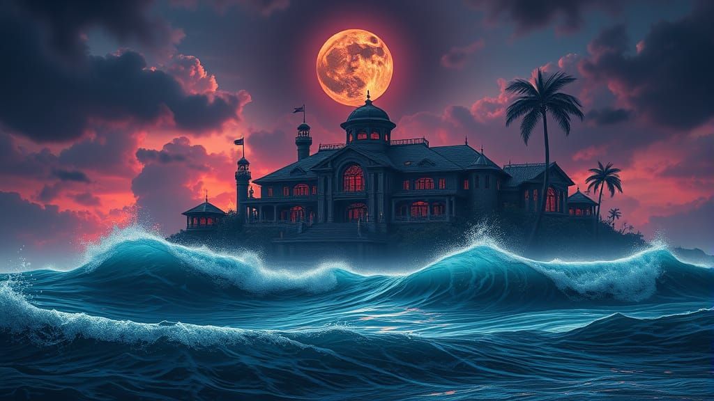 Caribbean Mansion Under Black Sun: Digital Art