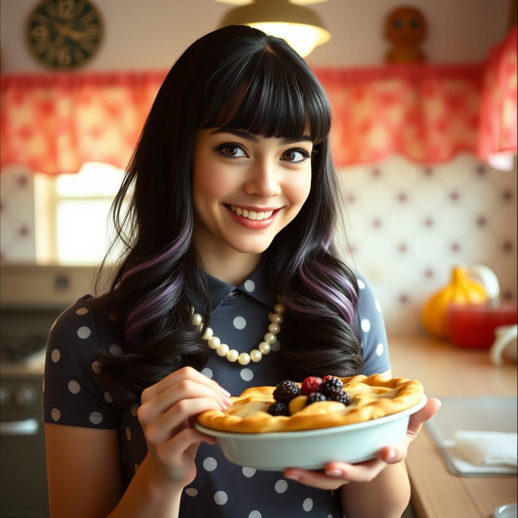 Woman in Fifties Kitchen with Berry Pie