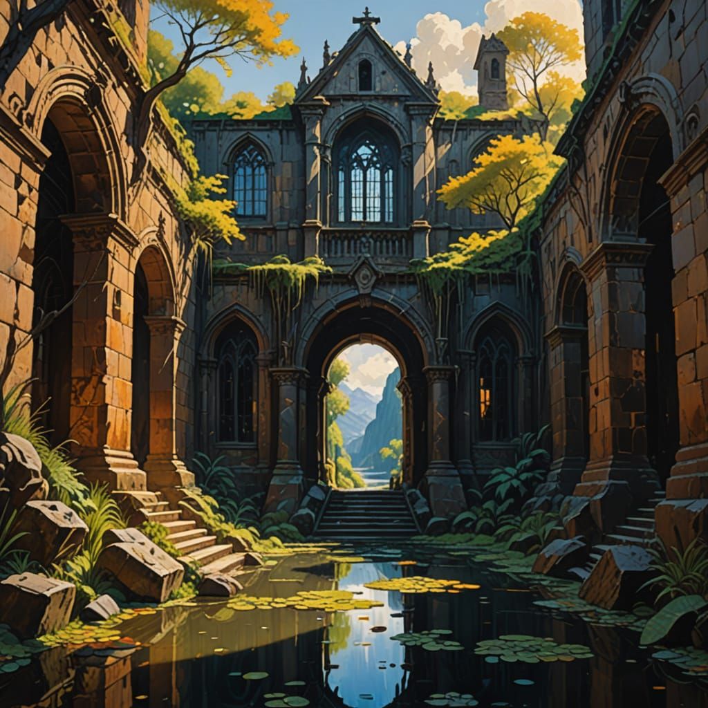 Sunlit Stone Hall with Causeway in Gouache Style