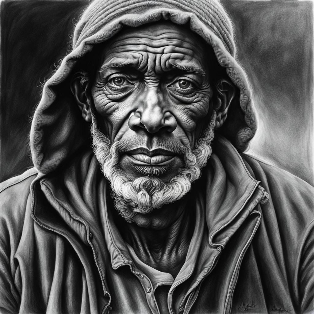 Detailed Pencil Drawing of Homeless Man