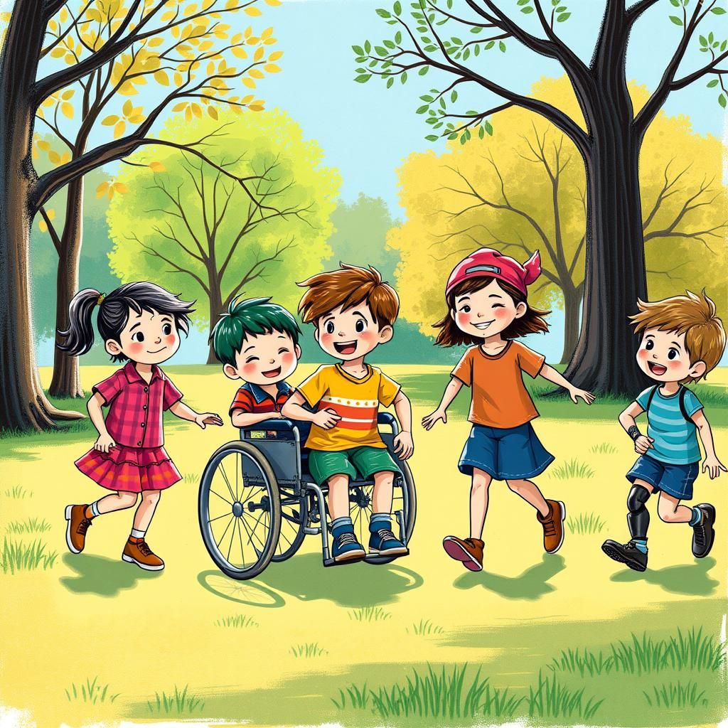 Children with Disabilities Play in Sunlit Park