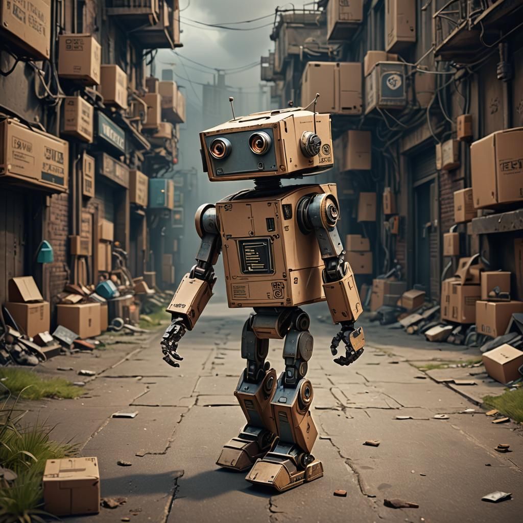 Charismatic Robot Walks Cardboard Box Dog