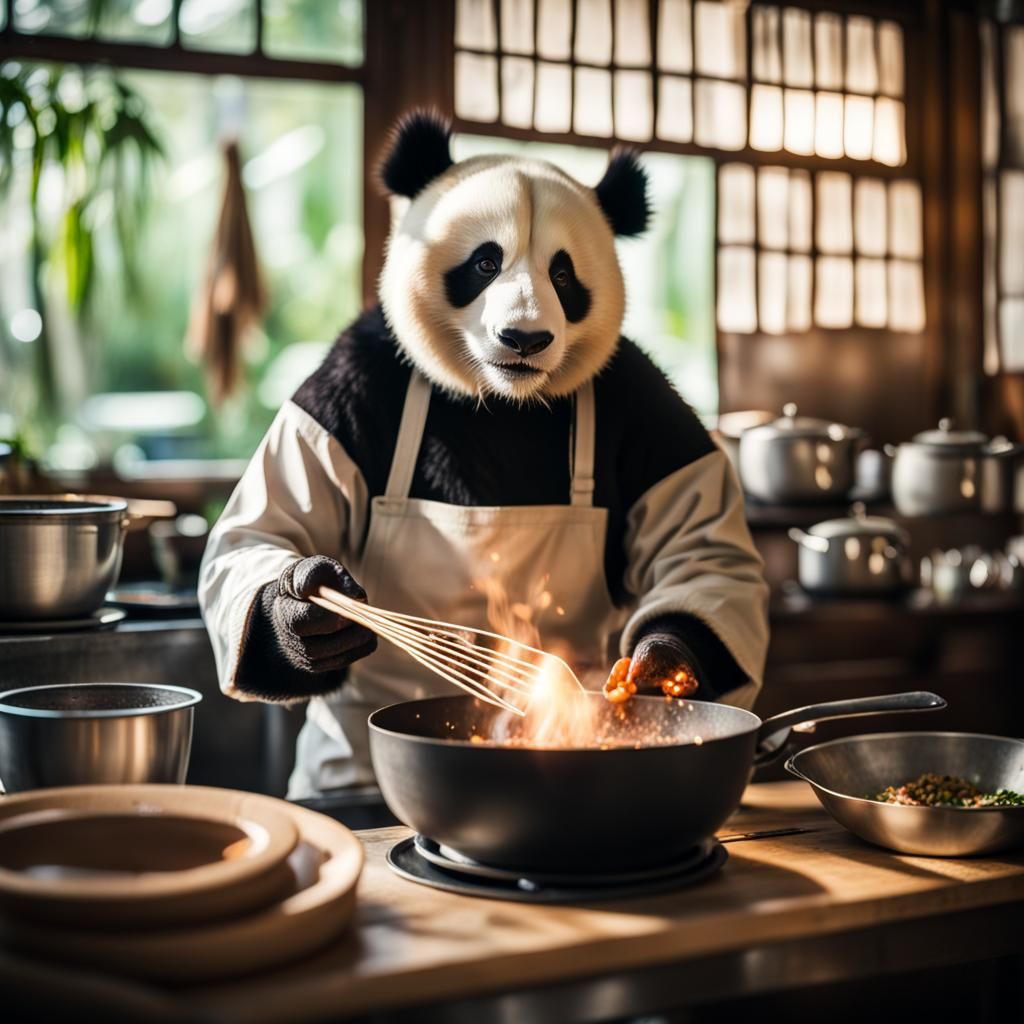 Panda-Human Hybrid Cooking Bamboo: Realistic Photo