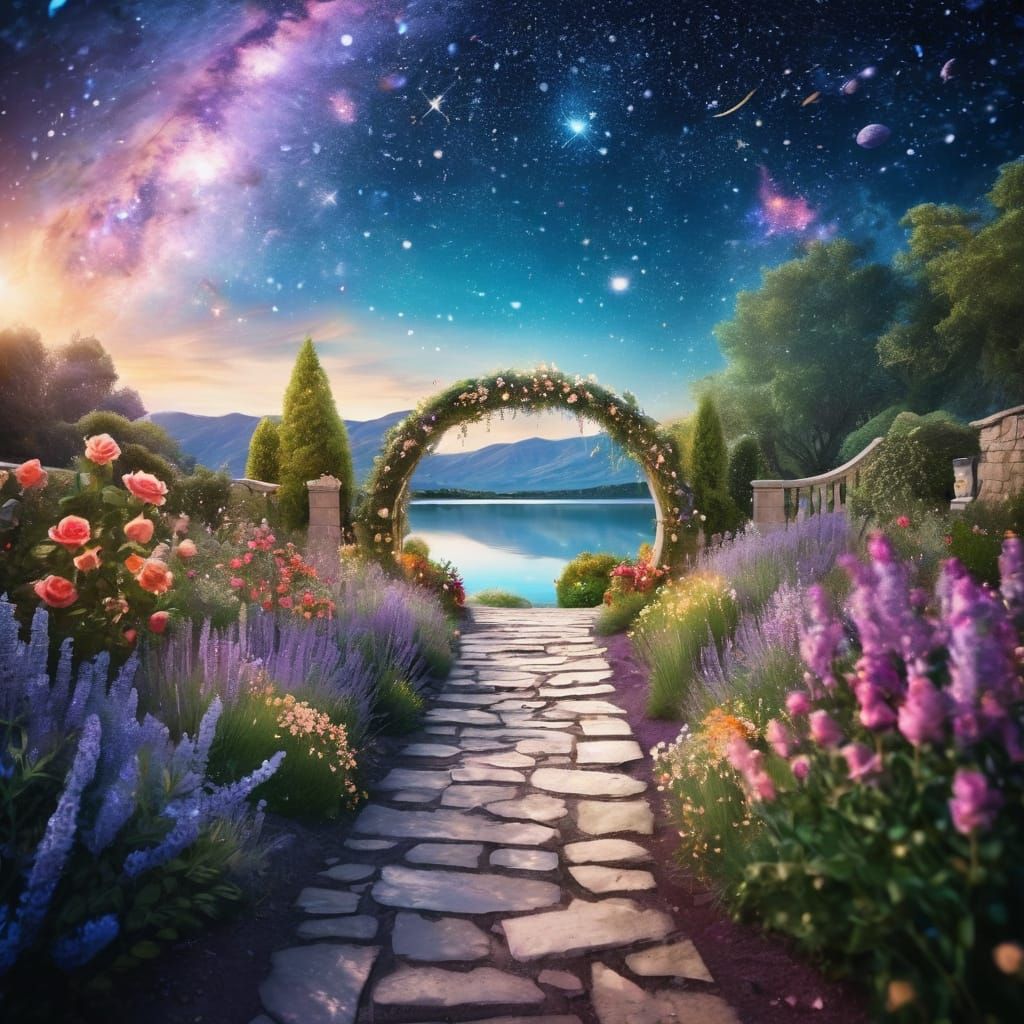 Romantic Secret Garden Pathway in Vibrant Watercolor Style