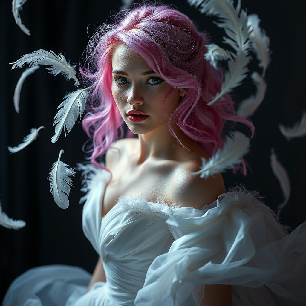 Pink-Haired Woman in Ivory Gown with Feathers