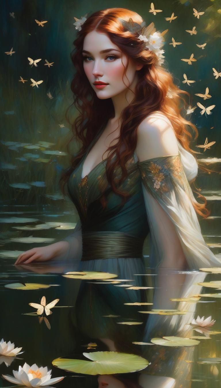 Girl Emerges from Pond with Dragonflies, Rococo Style